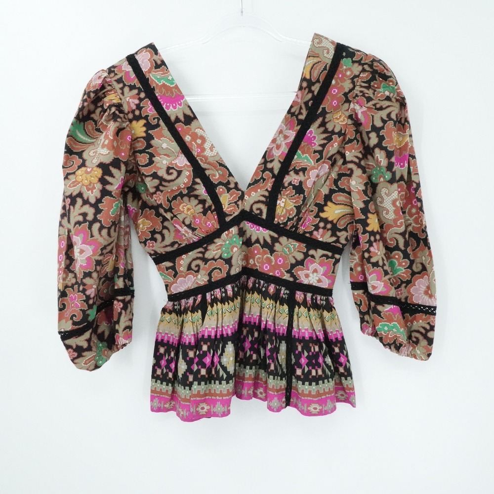 Love The Label Blouse‎ Womens Small Multicolor Puff Sleeve Babydoll Smocked